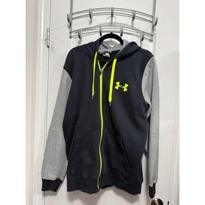 Under‎ Armour Mens L Full Zip Hoodie Black Gray Neon Green Loose Fit Sweatshirt